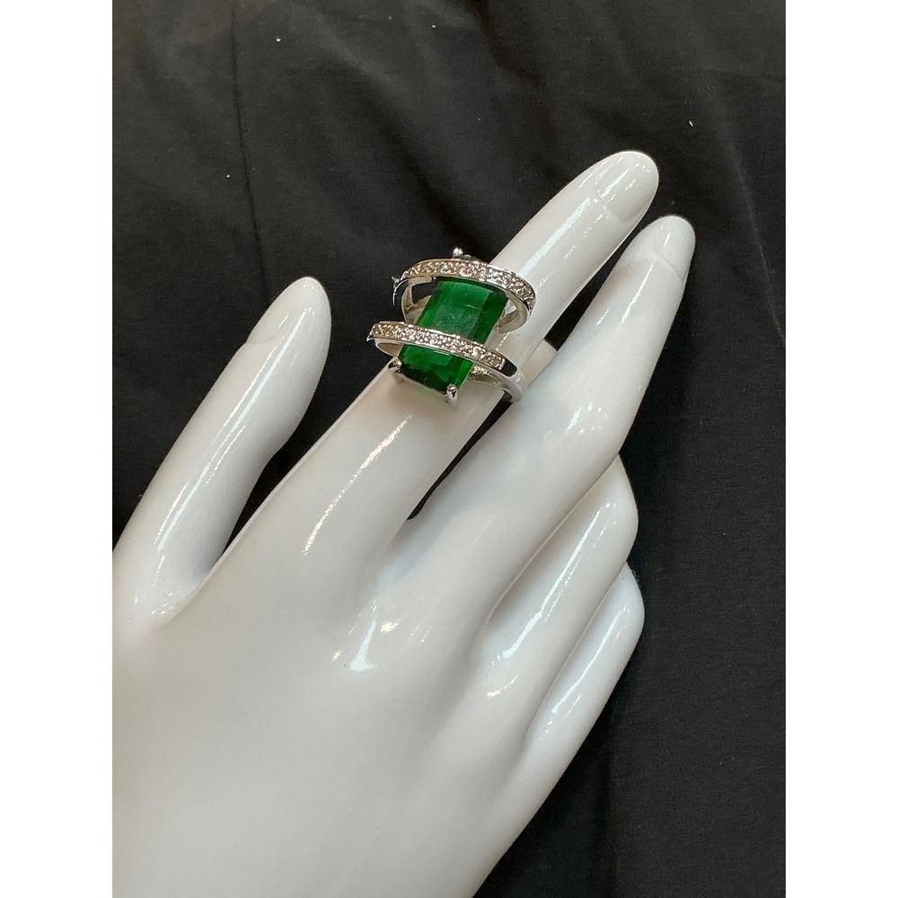 Statement Ring Emerald Cut Green Stone Sz 7 Silver S925 Bypass CZ Accent